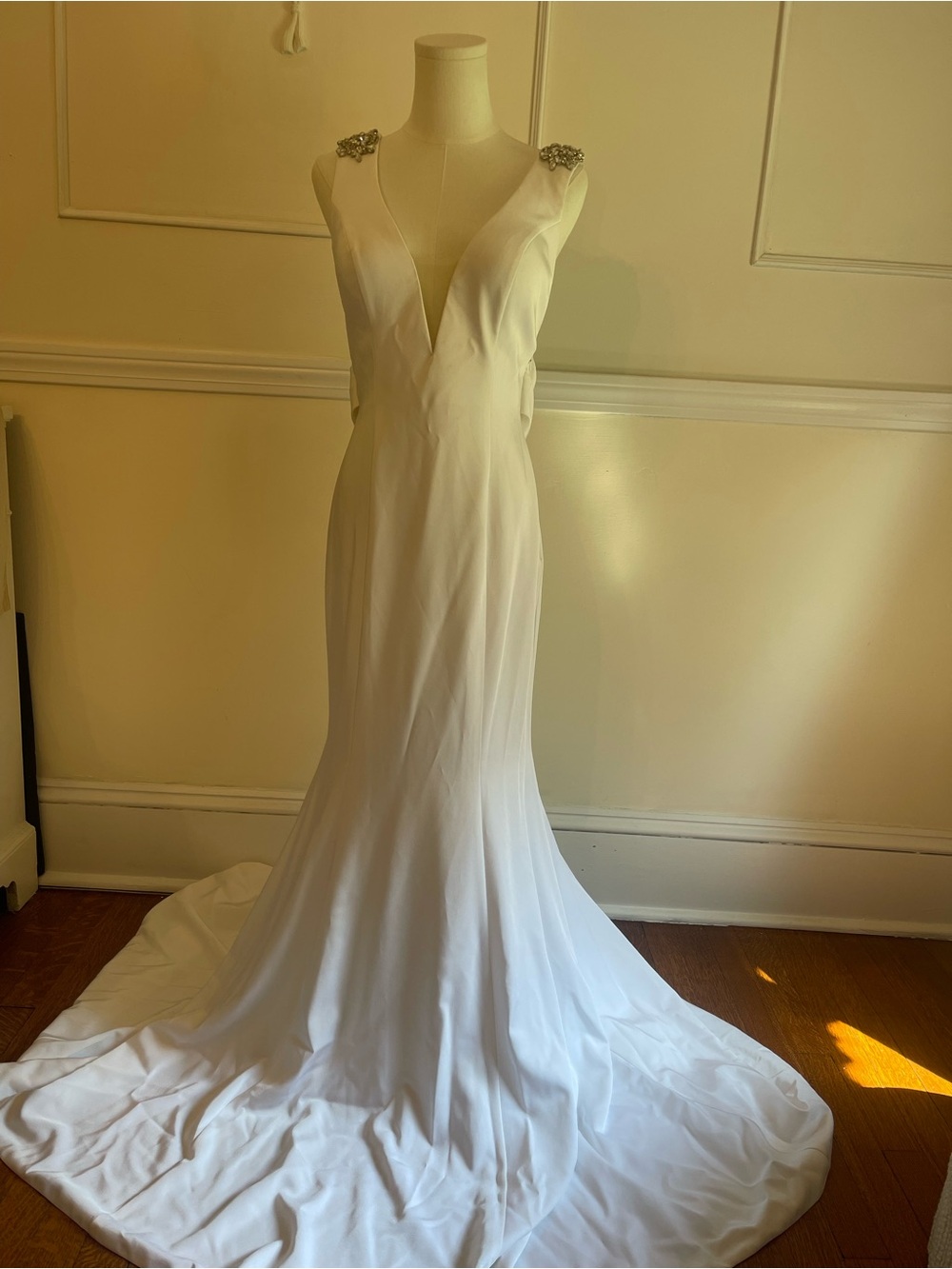 Jovani White Plunging V-Neck Bridal Gown with Embellished Straps